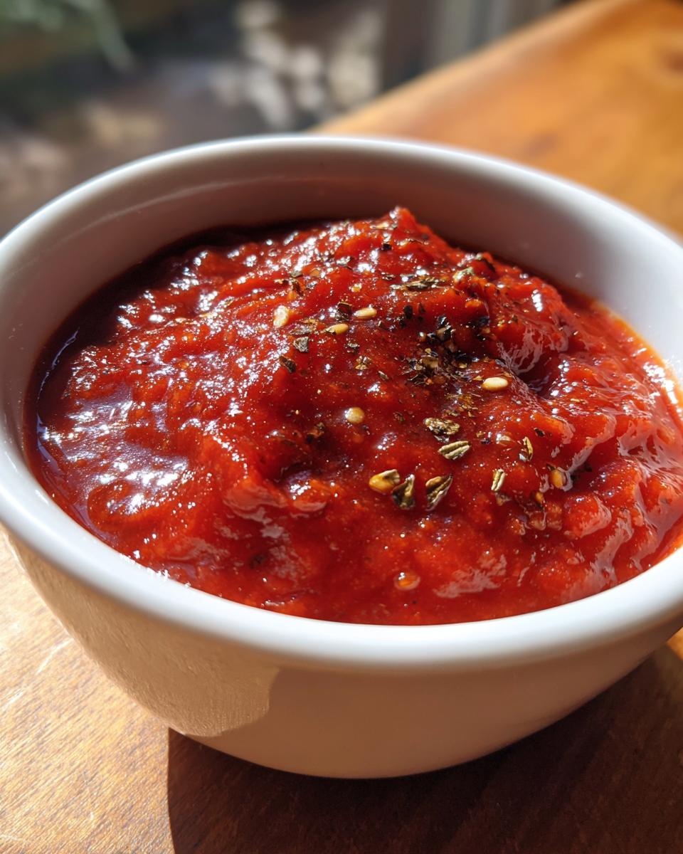 Close-up of thick, bright red pizza sauce seasoned with herbs and seeds in a small white bowl.