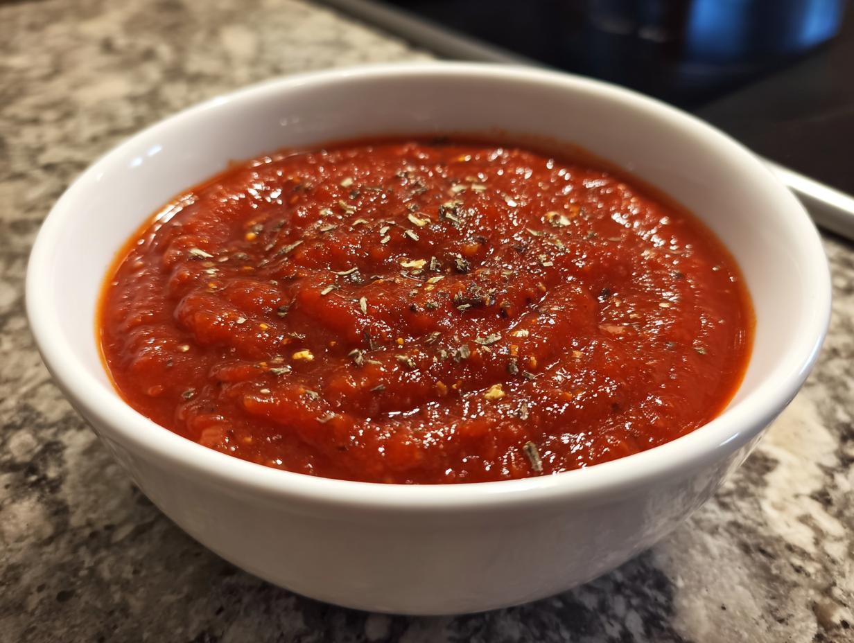 Close-up of a thick, rich red pizza sauce seasoned with dried herbs in a small white bowl.