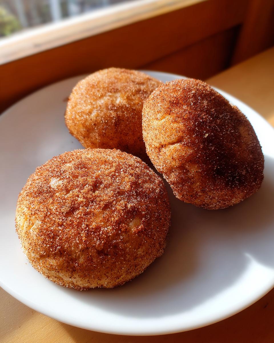 Three freshly baked soft snickerdoodles, generously coated in cinnamon sugar, resting on a white plate.