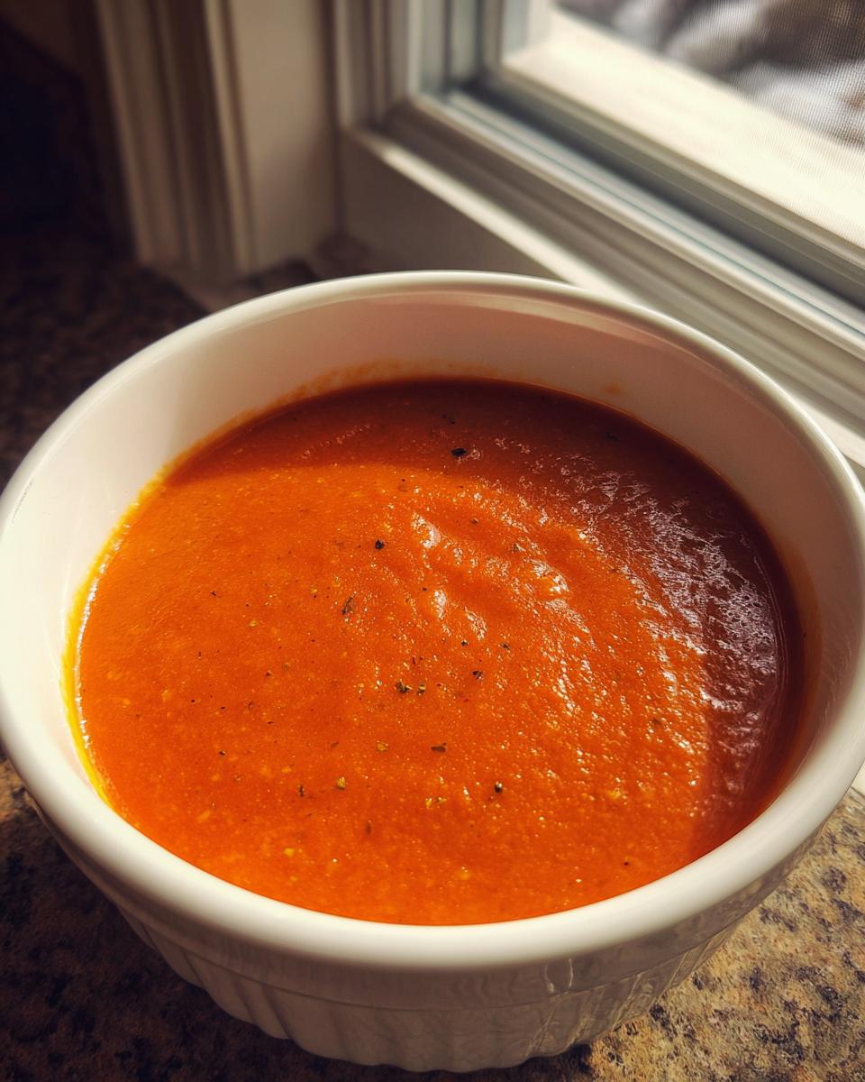 Close-up of a white bowl filled with rich, orange-red tomato basil soup, illuminated by natural light from a nearby window.