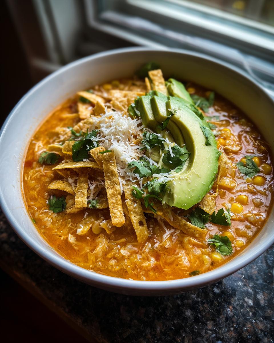A close-up of a bowl of rich, orange tortilla soup recipe, garnished with avocado slices, cheese, and tortilla strips.