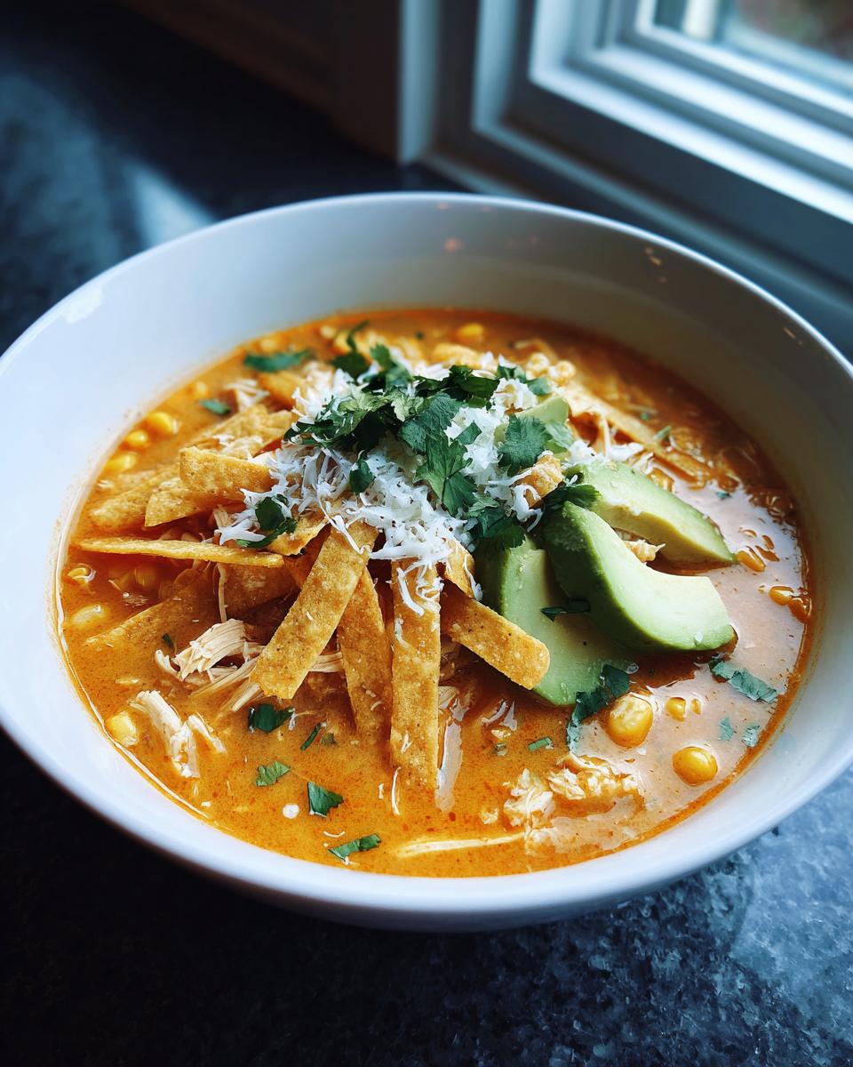 A close-up of a rich, orange-colored tortilla soup recipe topped with crispy tortilla strips, avocado, cheese, and cilantro.