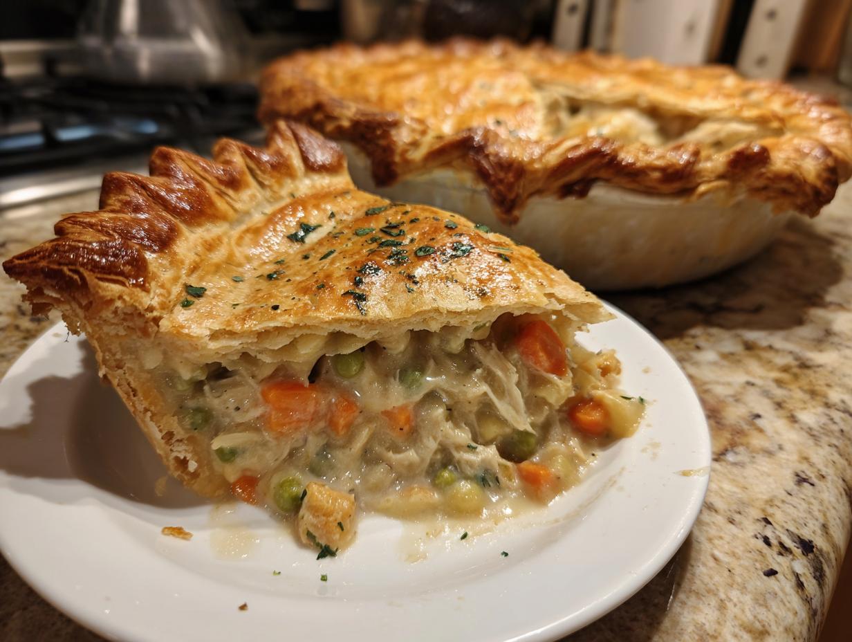 A close-up slice of flaky turkey pot pie showing creamy filling, carrots, and peas, with the whole pie in the background.