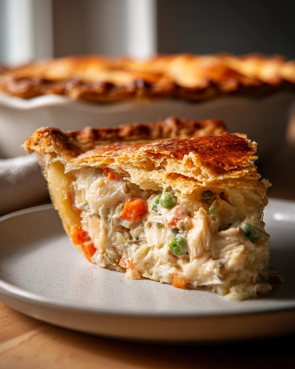 Close-up of a generous slice of turkey pot pie showing flaky crust and creamy filling with turkey, carrots, and peas.