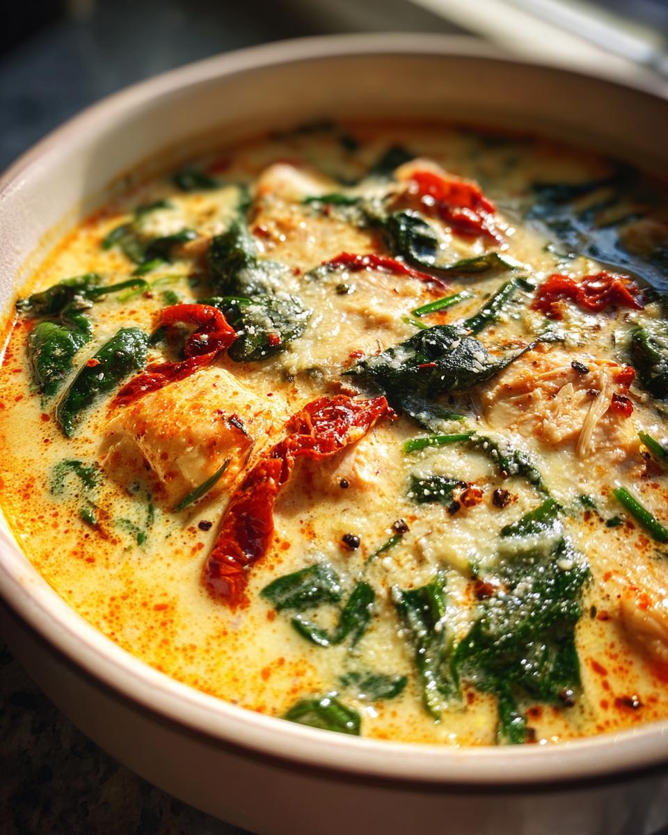 Close-up of a creamy bowl of Tuscan chicken soup with spinach and sun-dried tomatoes.