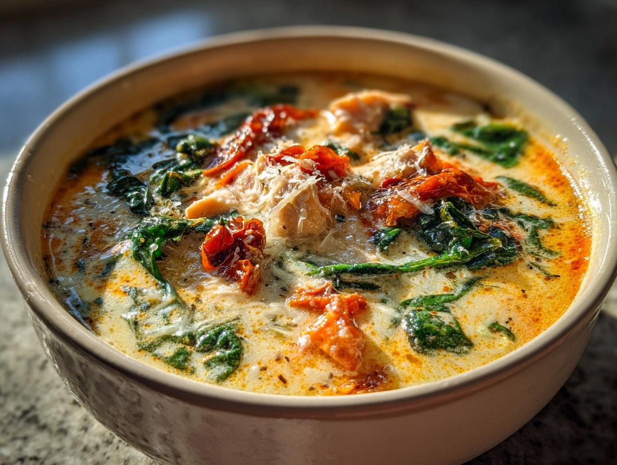 Close-up of a bowl of creamy Tuscan chicken soup, featuring shredded chicken, wilted spinach, and sun-dried tomatoes.