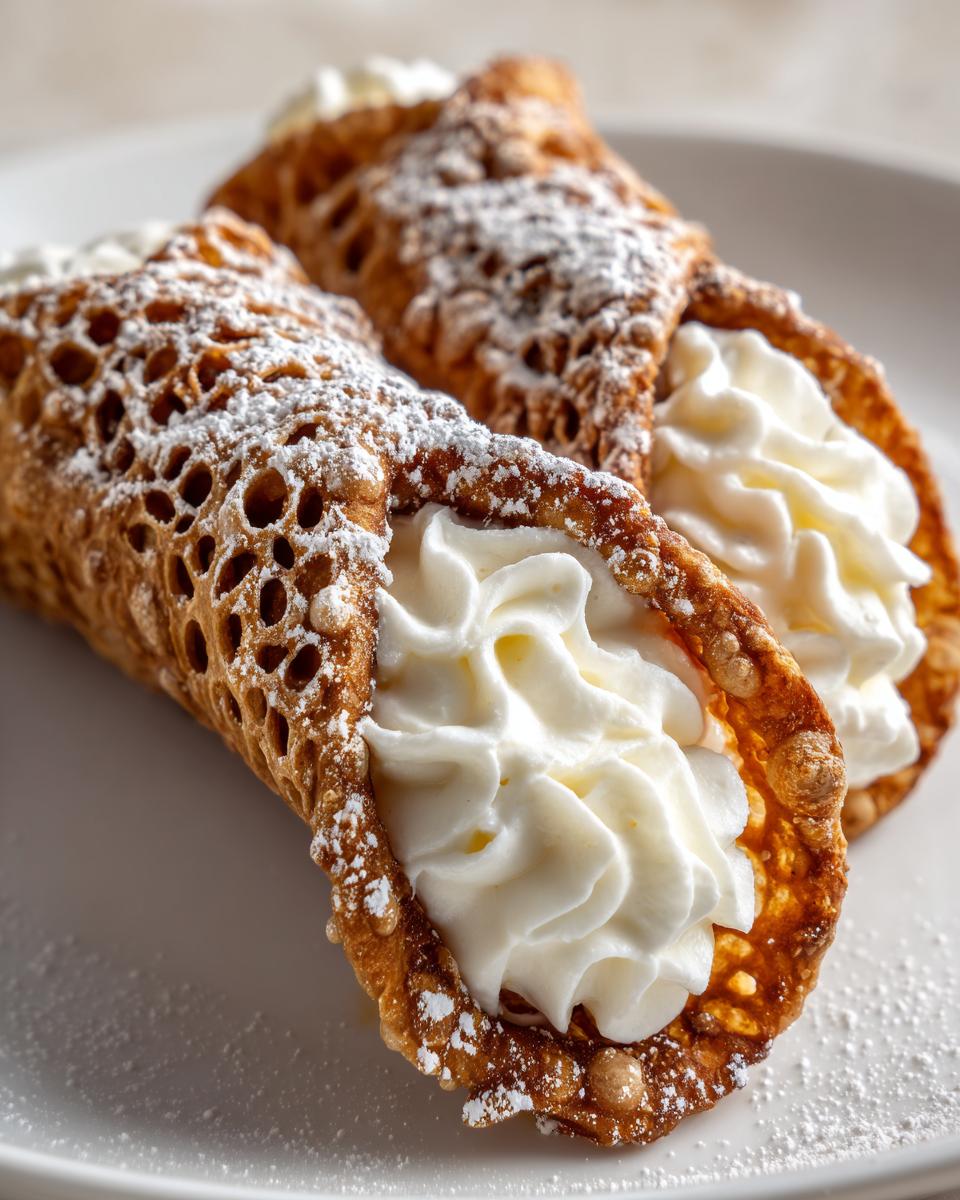 Two perfectly filled cannoli pastries dusted with powdered sugar, showcasing the bubbly shells in this cannoli recipe.