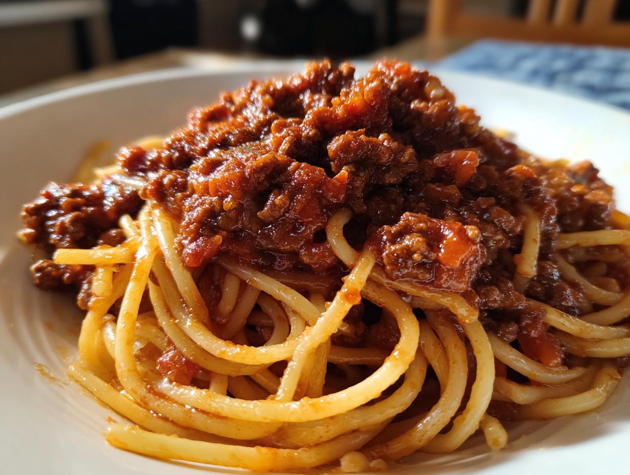 Close-up of spaghetti noodles generously topped with rich, thick bolognese sauce in a white bowl.