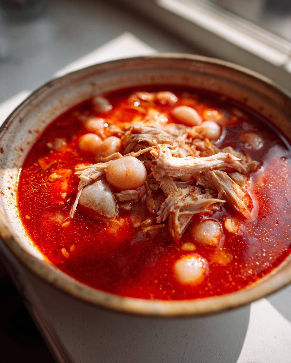 Close-up of a steaming bowl of rich red chicken pozole, featuring shredded chicken and hominy kernels.