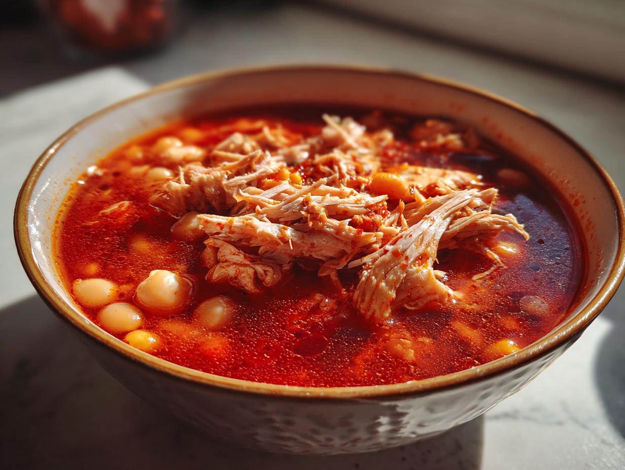 Close-up of a steaming bowl of vibrant red chicken pozole soup with shredded chicken and hominy.