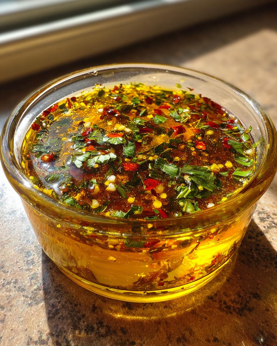 Close-up of a small glass bowl filled with bright yellow olive oil bread dip, topped with green herbs and red pepper flakes.