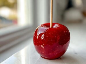 A close-up of a vibrant, deep red candy apples with a glossy, hard sugar coating and a wooden stick.