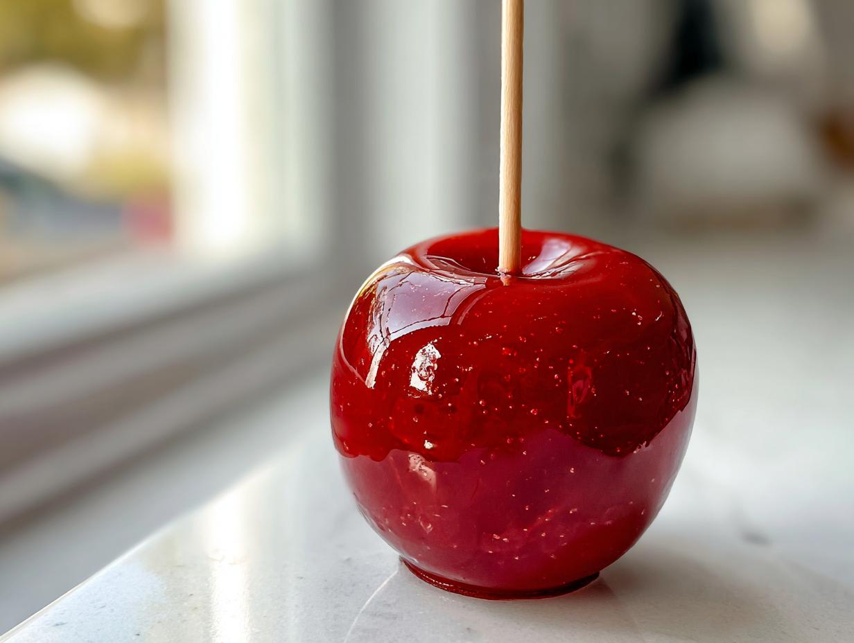 A close-up of a vibrant, deep red candy apples with a glossy, hard sugar coating and a wooden stick.