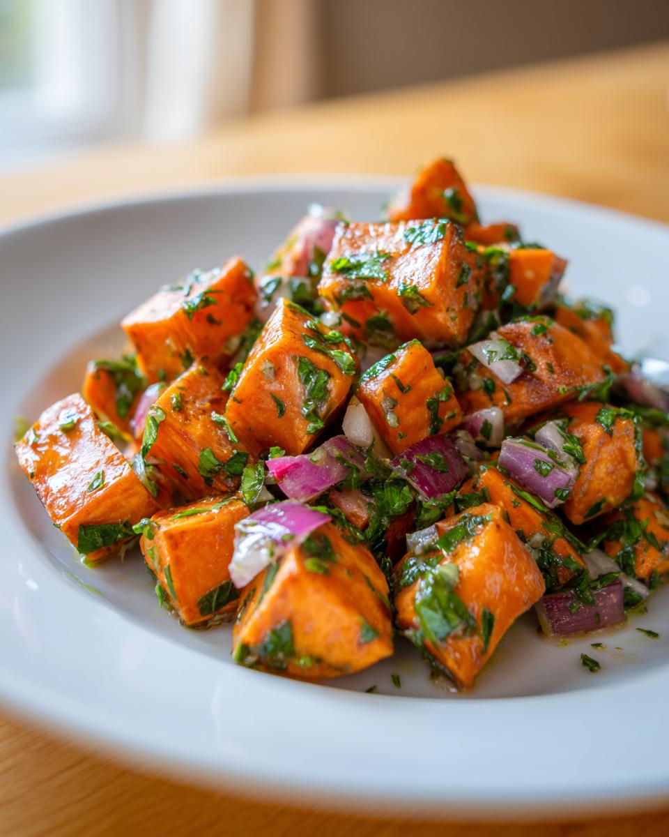 Close-up of cubed, bright orange sweet potato salad mixed with chopped red onion and fresh green herbs.