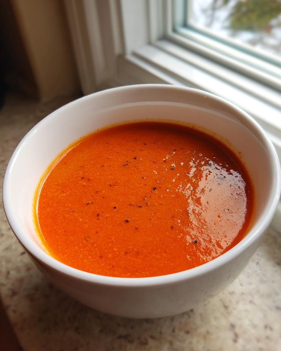 A close-up of a white bowl filled with creamy, bright orange tomato basil soup, seasoned with herbs, sitting near a window.