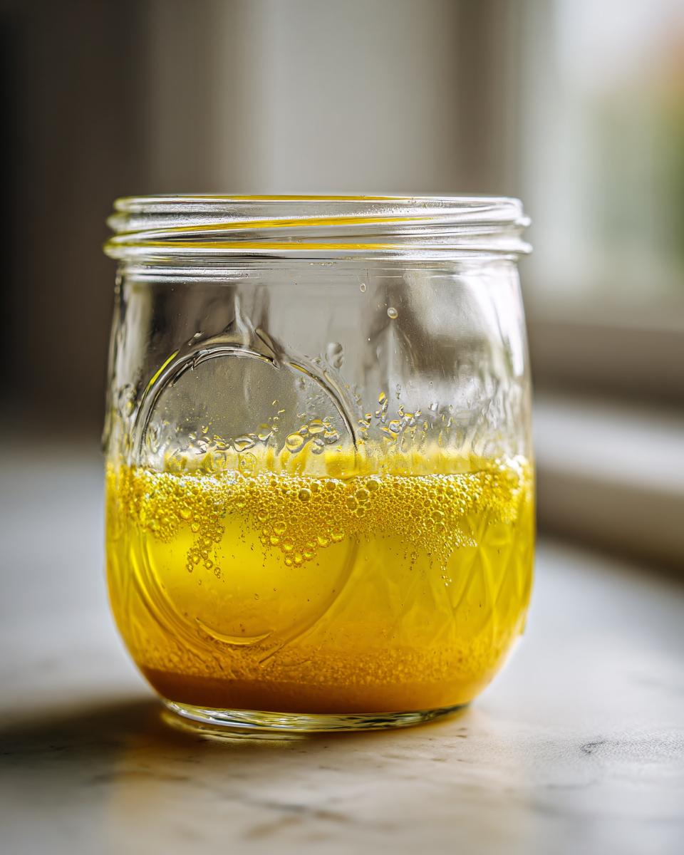 Close-up of a bright yellow liquid, likely a homemade salad dressing, separated in a small glass mason jar.