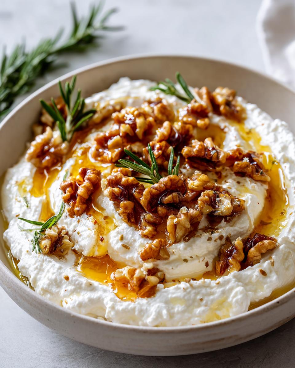A bowl of creamy whipped ricotta dip topped with candied walnuts, honey drizzle, and fresh rosemary sprigs.