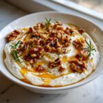 A bowl of creamy whipped ricotta dip drizzled with honey and topped with candied walnuts and rosemary sprigs.