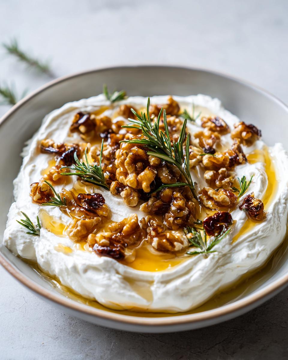 Close-up of a bowl of creamy whipped ricotta dip topped with caramelized walnuts, honey drizzle, and fresh rosemary sprigs.