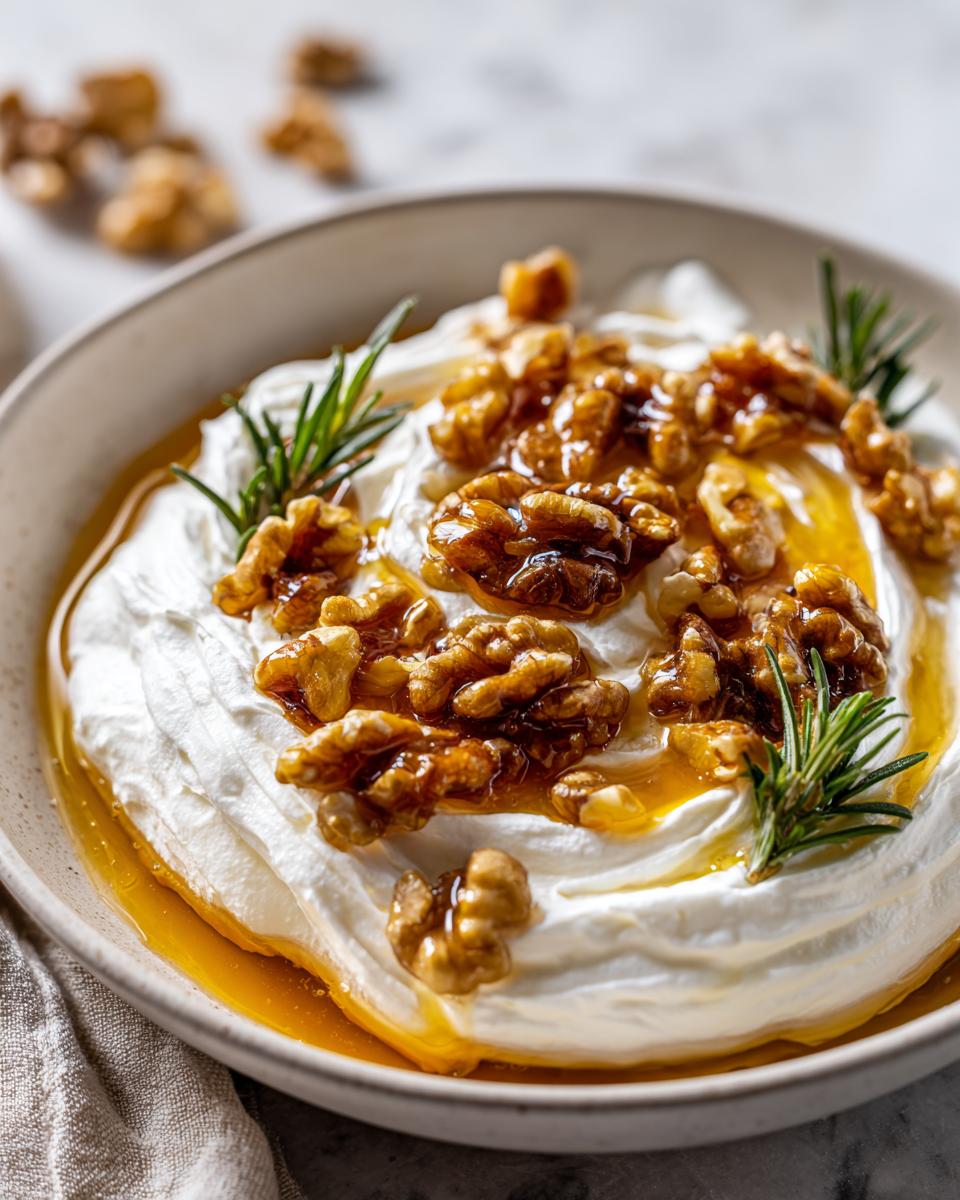 Close-up of a bowl of creamy whipped ricotta dip topped with candied walnuts, honey drizzle, and fresh rosemary sprigs.