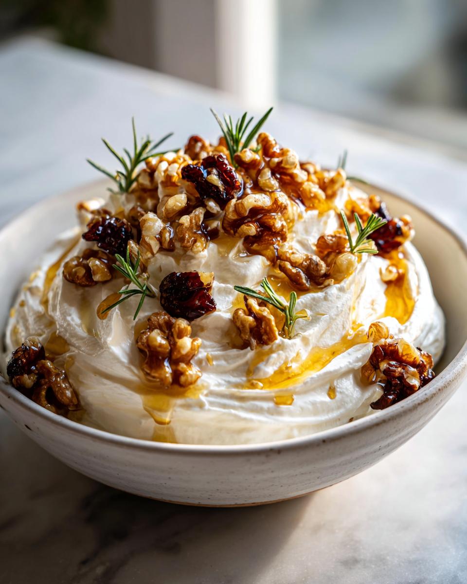 Close-up of a bowl of creamy whipped ricotta dip topped with candied walnuts, honey drizzle, and fresh rosemary sprigs.