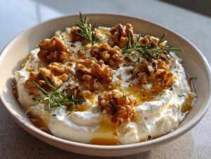 A bowl of creamy whipped ricotta dip drizzled with honey, topped with walnuts and fresh rosemary sprigs.