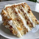 A decadent slice of white German chocolate cake layered with white frosting and coconut pecan filling.