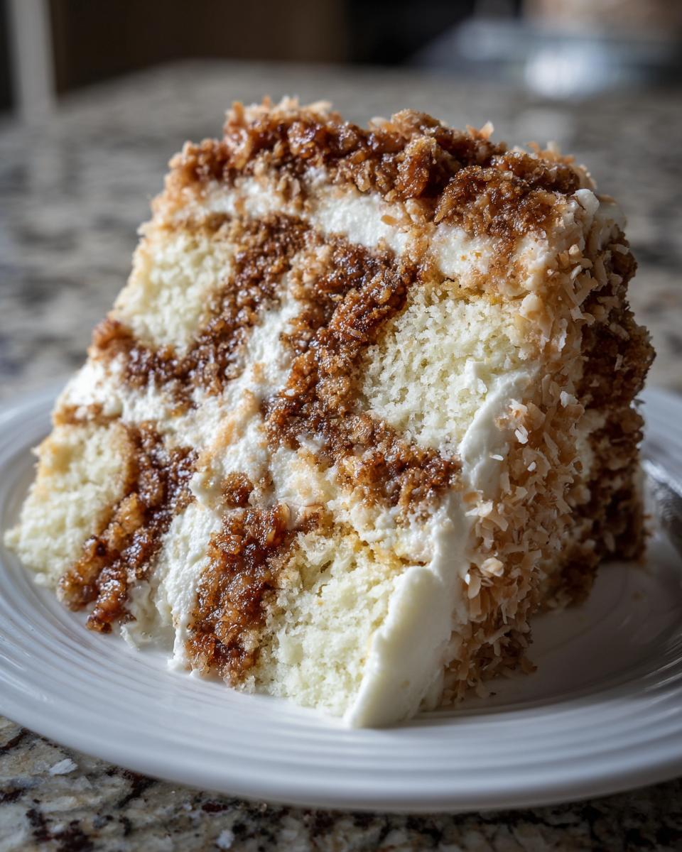 Close-up of a slice of white German chocolate cake featuring layers of light cake, white frosting, and brown coconut pecan filling.
