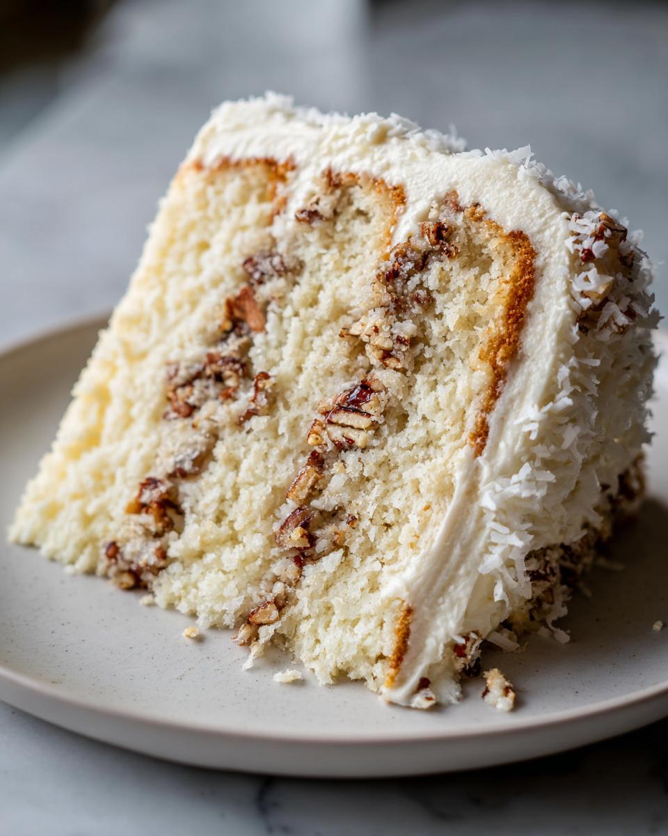 Close-up of a moist slice of white German chocolate cake layered with coconut-pecan filling and white frosting.