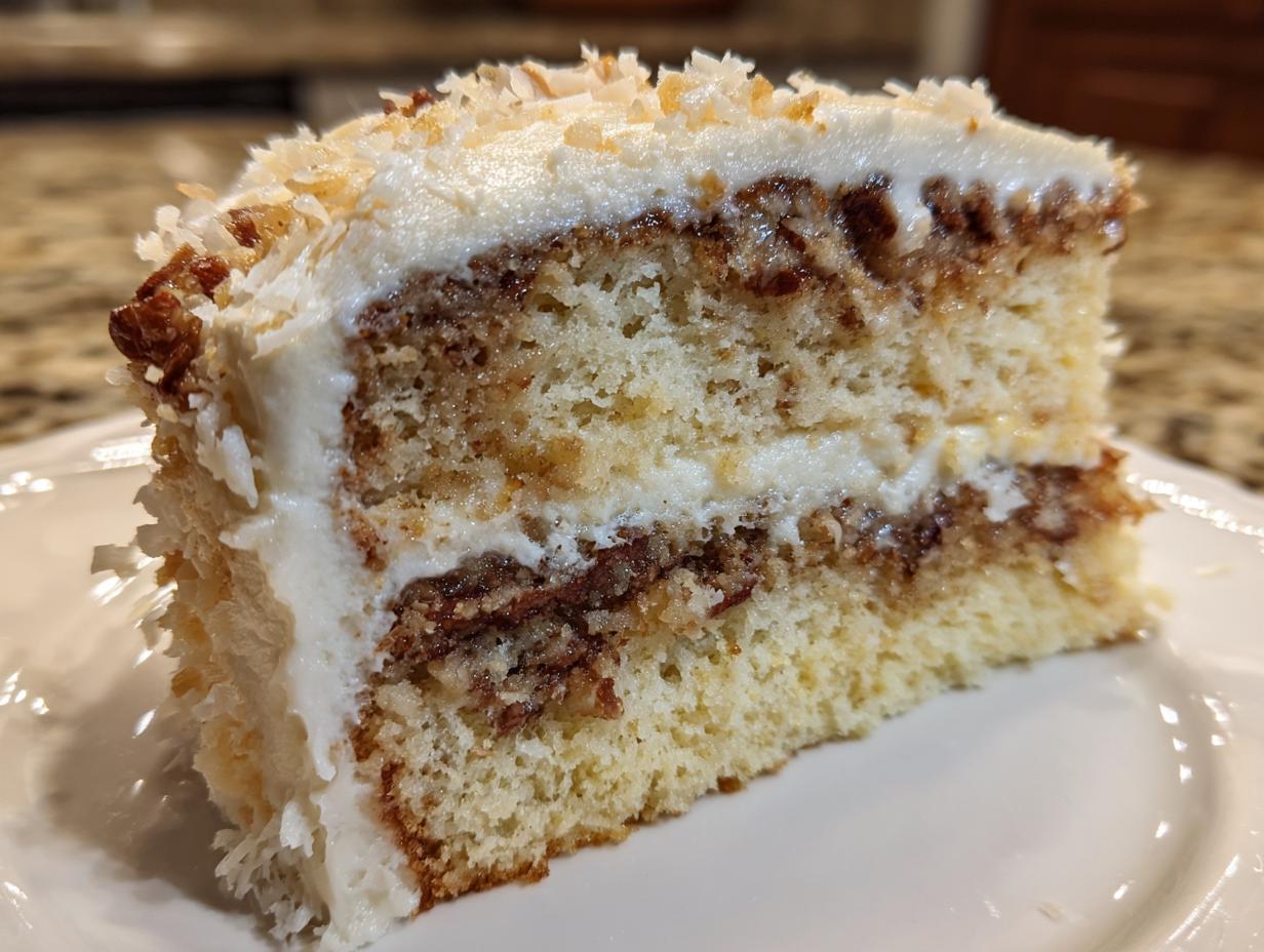 Close-up of a moist slice of white German chocolate cake layered with coconut-pecan filling and white frosting.