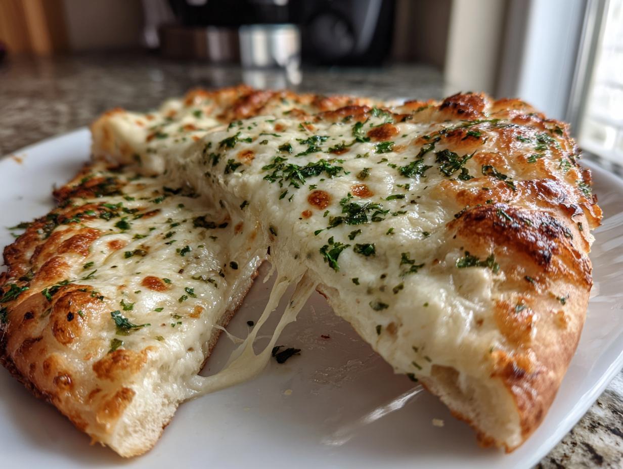Close-up of two slices of white pizza showing extreme cheese pull, topped with melted cheese and parsley.