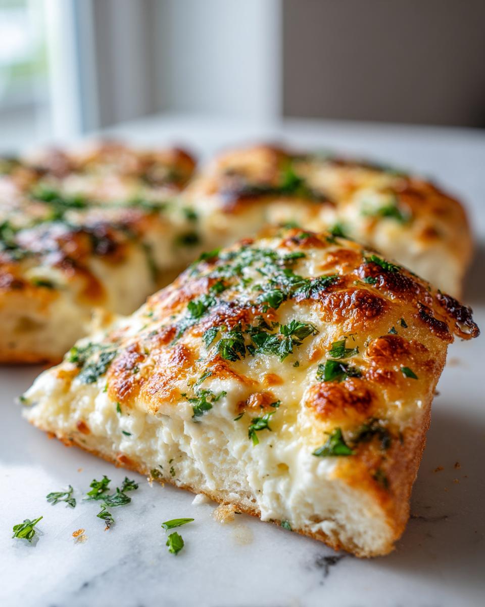 A thick slice of homemade white pizza showing a fluffy crust and rich, melted cheese topping sprinkled with fresh parsley.