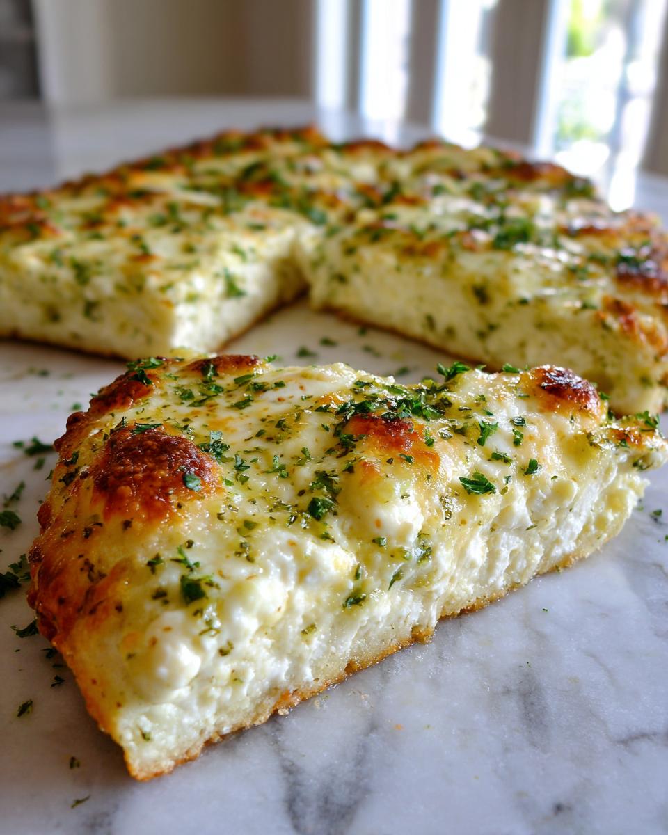 Close-up of a thick slice of white pizza showing a rich ricotta and mozzarella topping, sprinkled with parsley.
