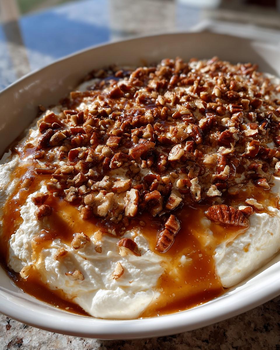 Close-up of creamy pecan pie dip topped generously with chopped pecans and a rich caramel drizzle.