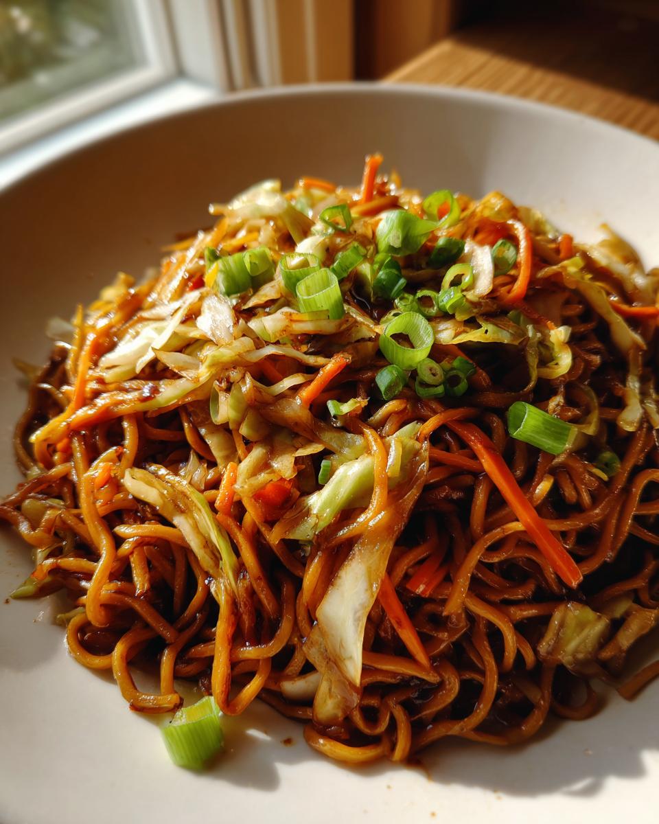 A close-up of a bowl of savory fried noodles mixed with shredded cabbage and carrots, topped with green onions.