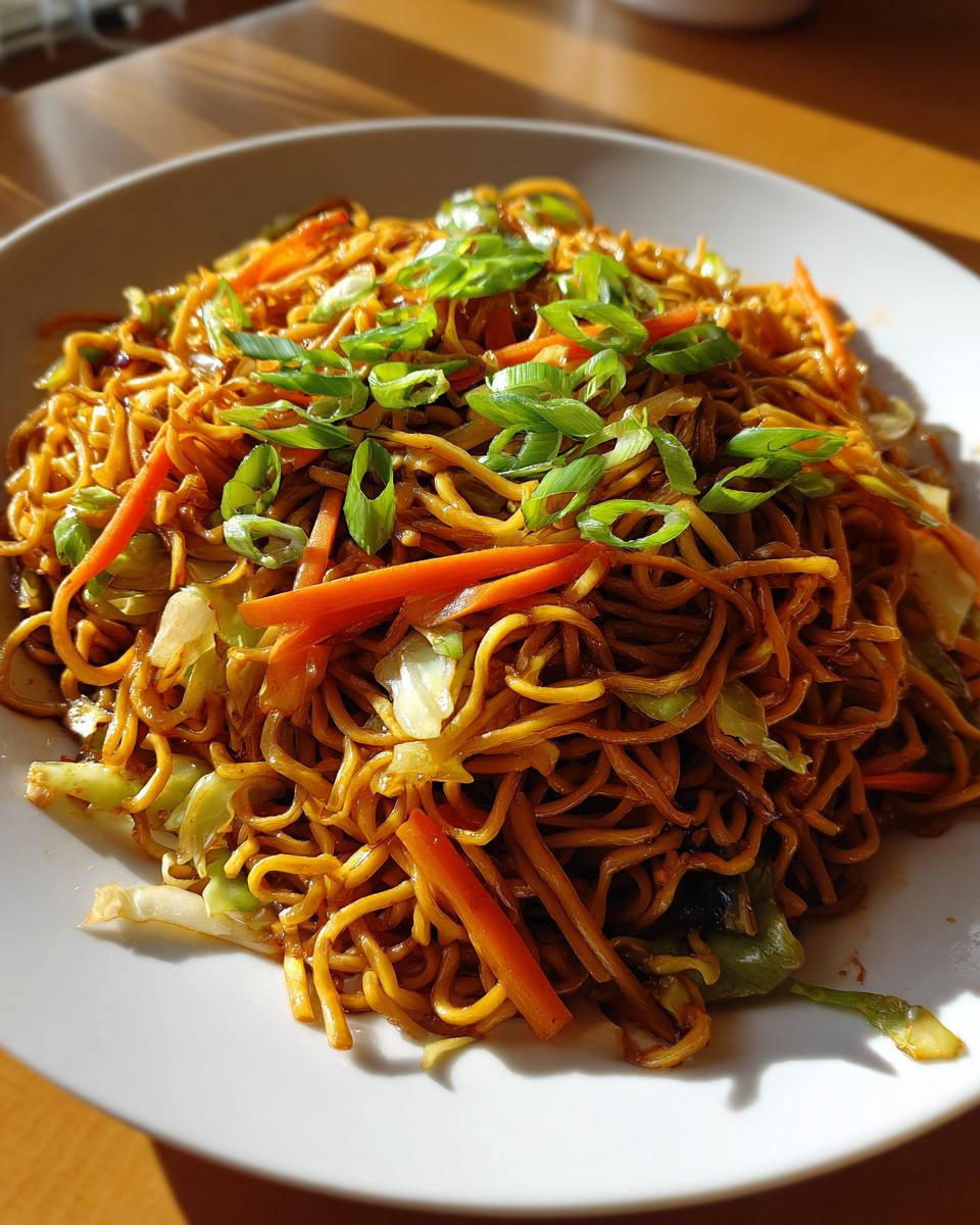 A close-up of a plate piled high with savory fried noodles mixed with carrots and cabbage, topped with fresh green onions.
