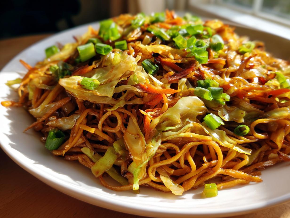 A close-up of savory fried noodles mixed with stir-fried cabbage and carrots, topped generously with fresh green onions.