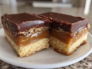Two squares of homemade Twix bars showing a shortbread base, thick caramel layer, and chocolate topping.