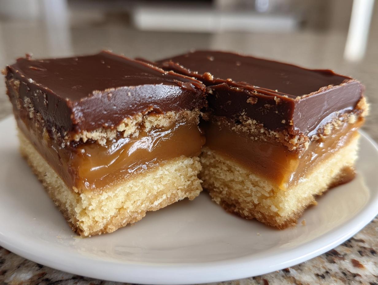 Two squares of homemade Twix bars showing a shortbread base, thick caramel layer, and chocolate topping.