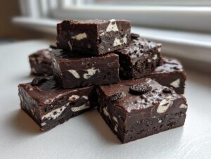 A stack of rich, dark chocolate Oreo fudge squares loaded with visible white cookie pieces.