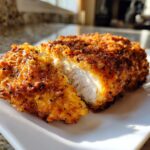 Close-up of a golden, crispy air fryer fried chicken breast cut in half showing juicy white meat inside.