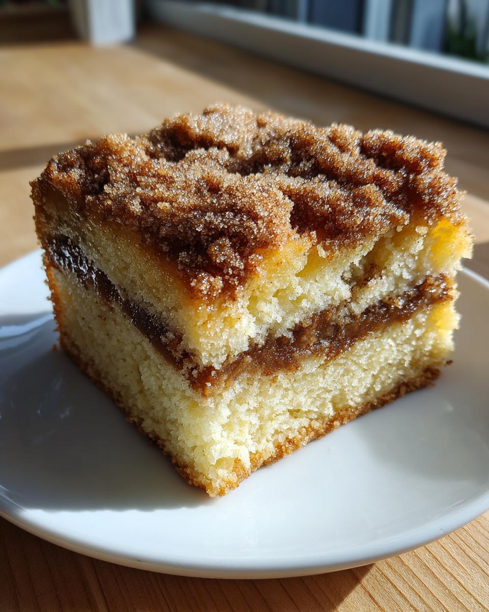 A square slice of moist coffee cake with a thick cinnamon swirl and sugary crumb topping.