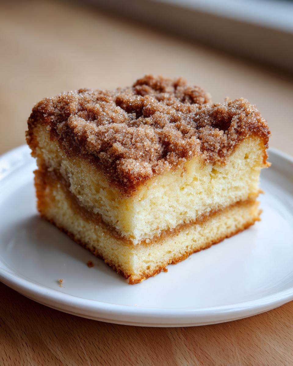 A perfect square slice of moist coffee cake featuring a thick cinnamon streusel topping and a middle layer of filling.