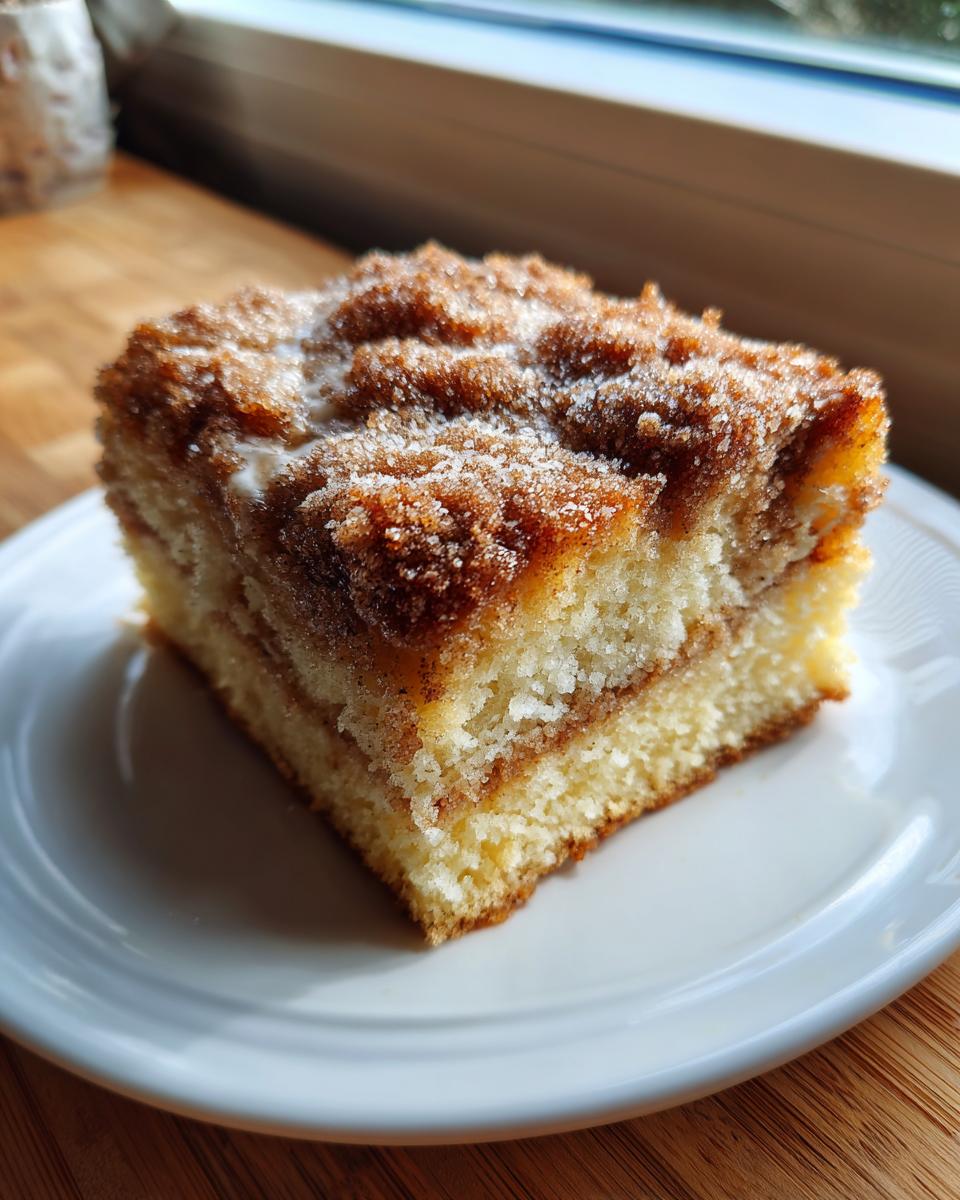A square slice of moist coffee cake featuring a thick cinnamon streusel topping, served on a white plate.
