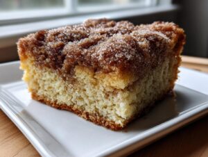 A close-up view of a moist slice of coffee cake featuring a thick, sugary cinnamon crumb topping.