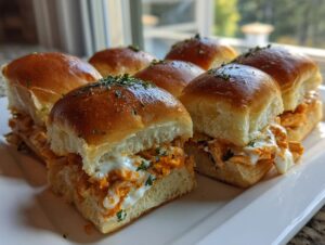 Close-up of several delicious buffalo chicken sliders with melted cheese and green herbs on top.