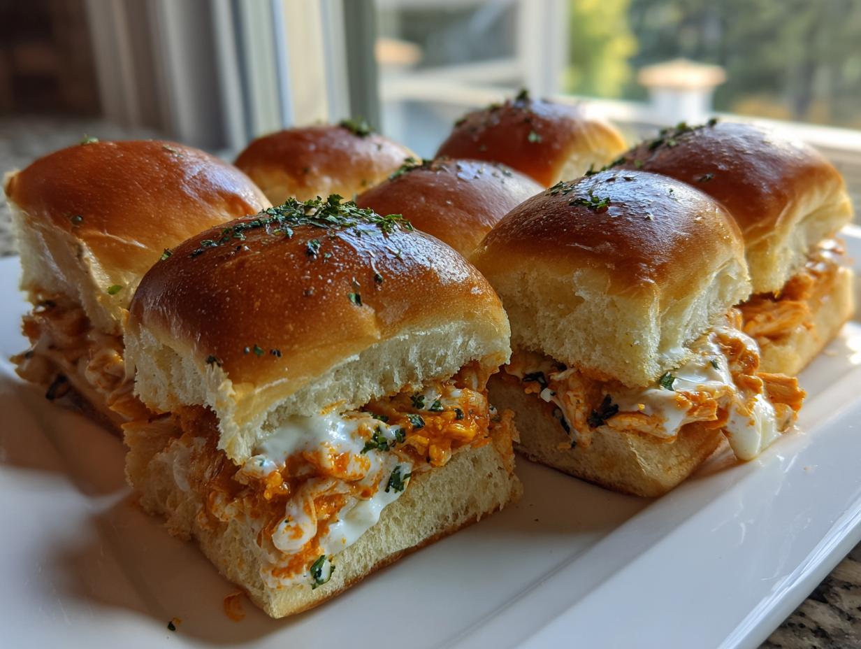 Close-up of several delicious buffalo chicken sliders with melted cheese and green herbs on top.