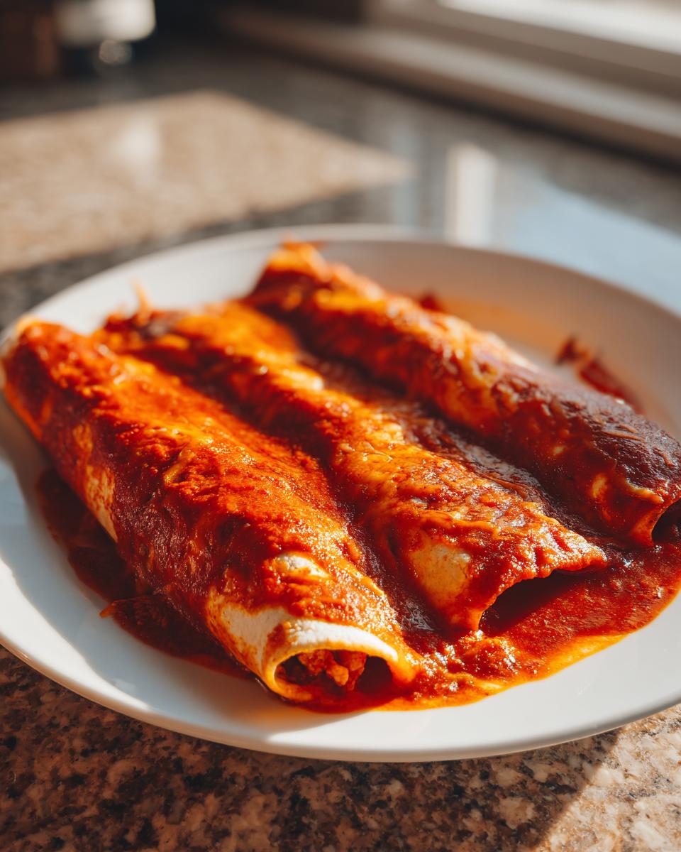 Three rolled cheese enchiladas smothered in vibrant red sauce, served on a white plate.
