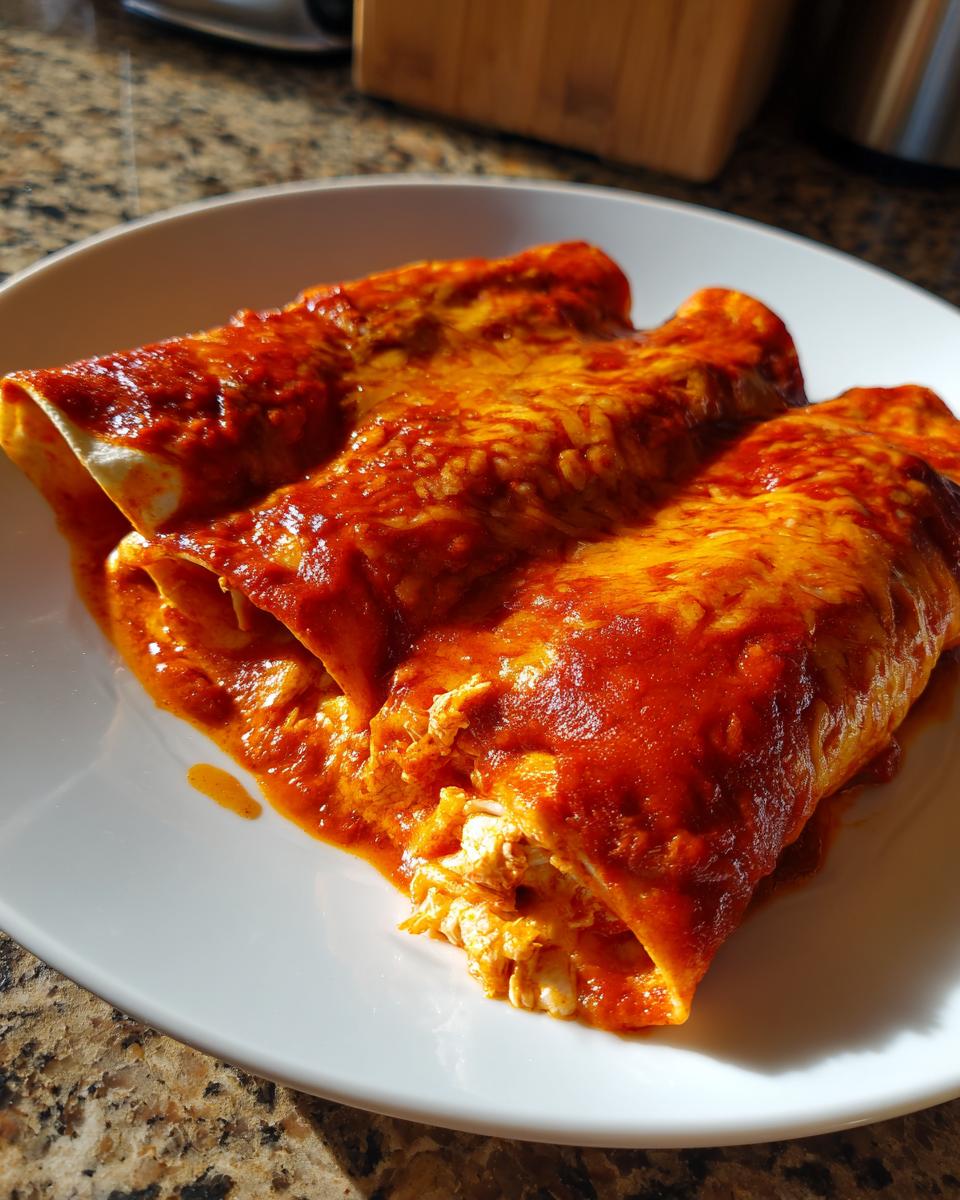 Three cheese enchiladas smothered in vibrant red sauce and melted cheese, served on a white plate.