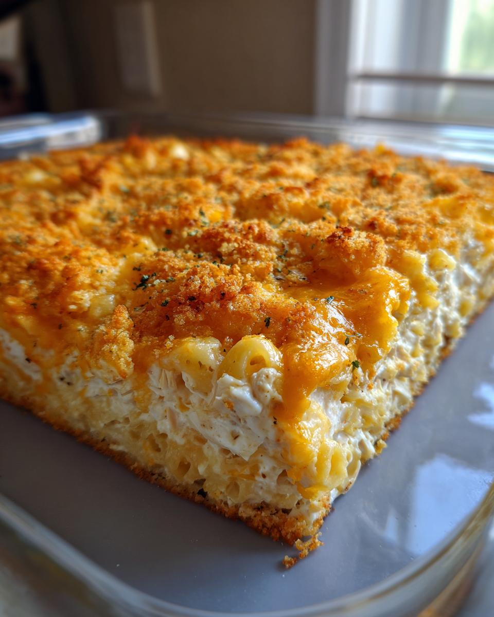 Close-up of a baked slice of creamy chicken noodle casserole with a golden, cheesy, and crunchy breadcrumb topping.